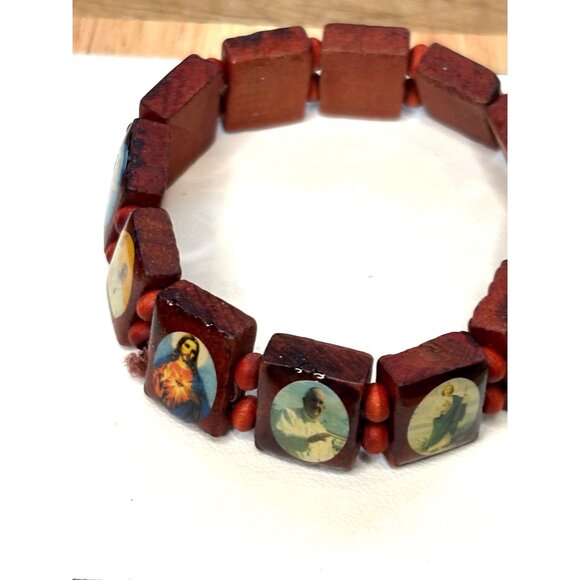 Religious Wooden Stretch Bracelet With Catholic Saint Images - Picture 3 of 8